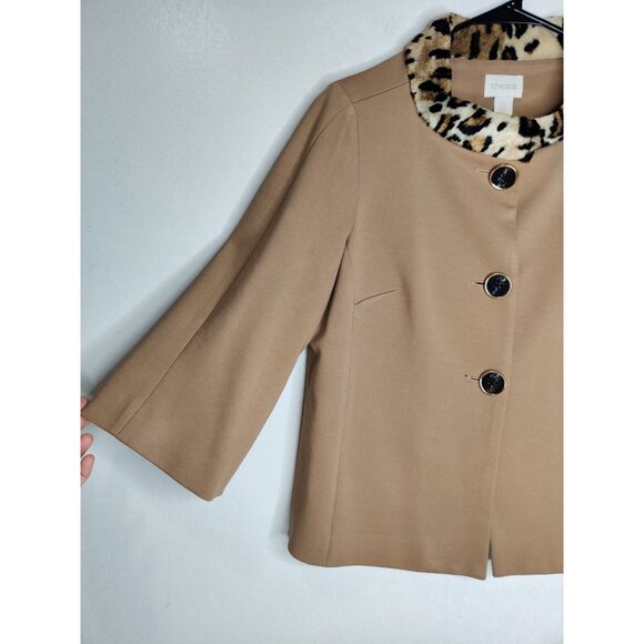CHICO'S $159 Faux Fur Collar Leopard Swing Jacket Lined Size 0 (Small-4) - Picture 2 of 11